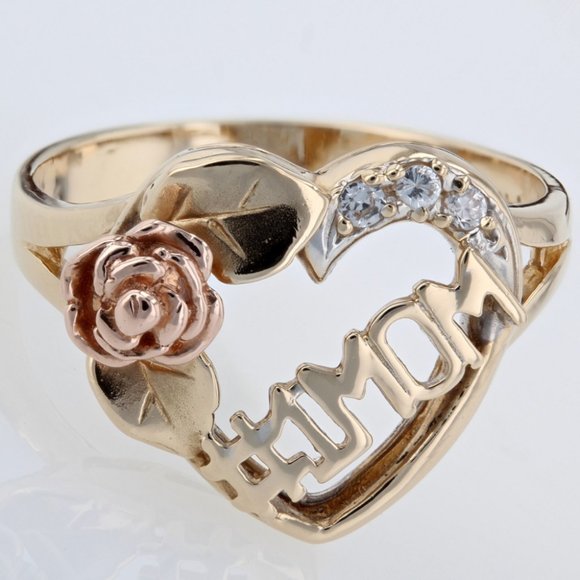 14K Yellow and Rose Gold CZ Cubic Zirconia #1 MOM Heart  & Flower Mother's Ring - Picture 1 of 4